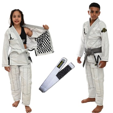 Kimono Jiu Jitsu, Infantil Masculino, Faixa com ponteira - Branco